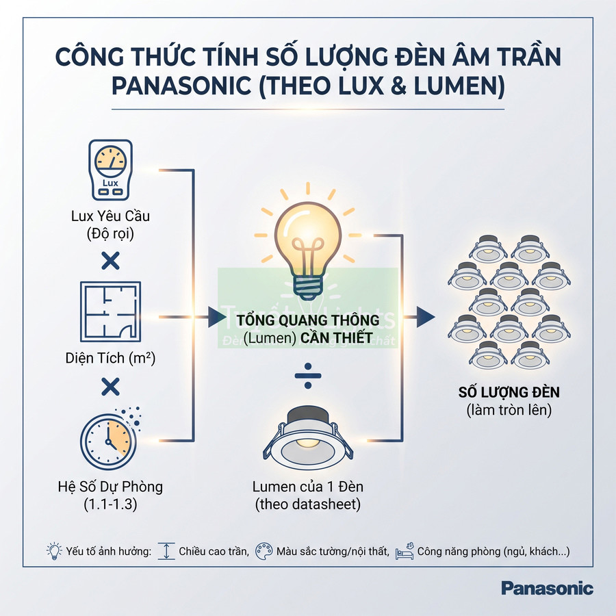 Công thức tính số lượng đèn âm trần Panasonic theo lux và lumen, minh họa các bước và yếu tố ảnh hưởng
