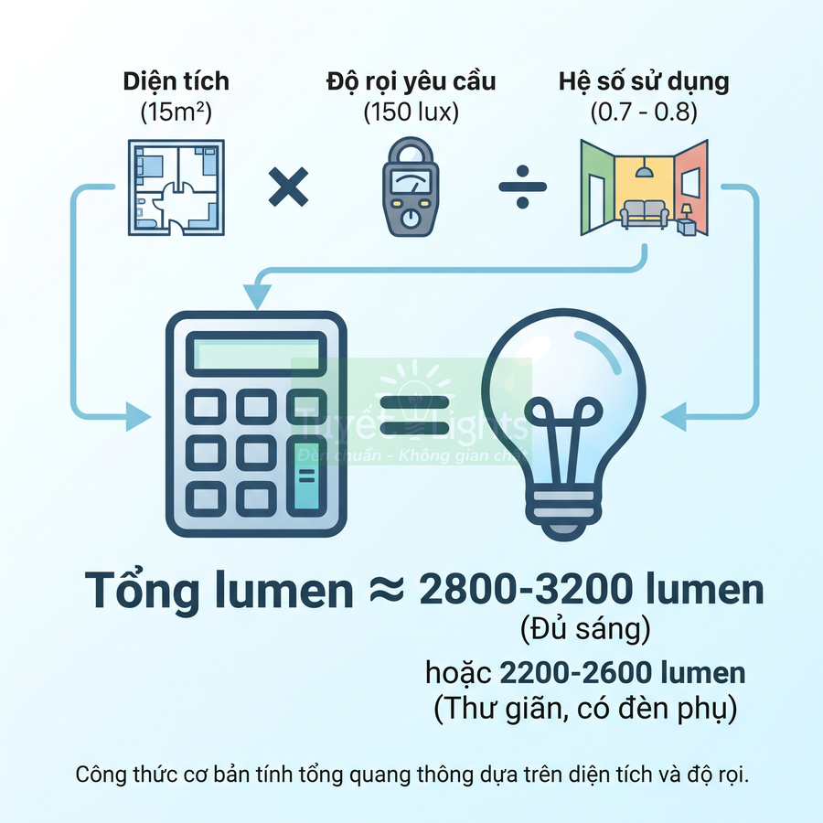 Công thức tính tổng lumen cho phòng 15m2 dựa trên diện tích, độ rọi yêu cầu và hệ số sử dụng