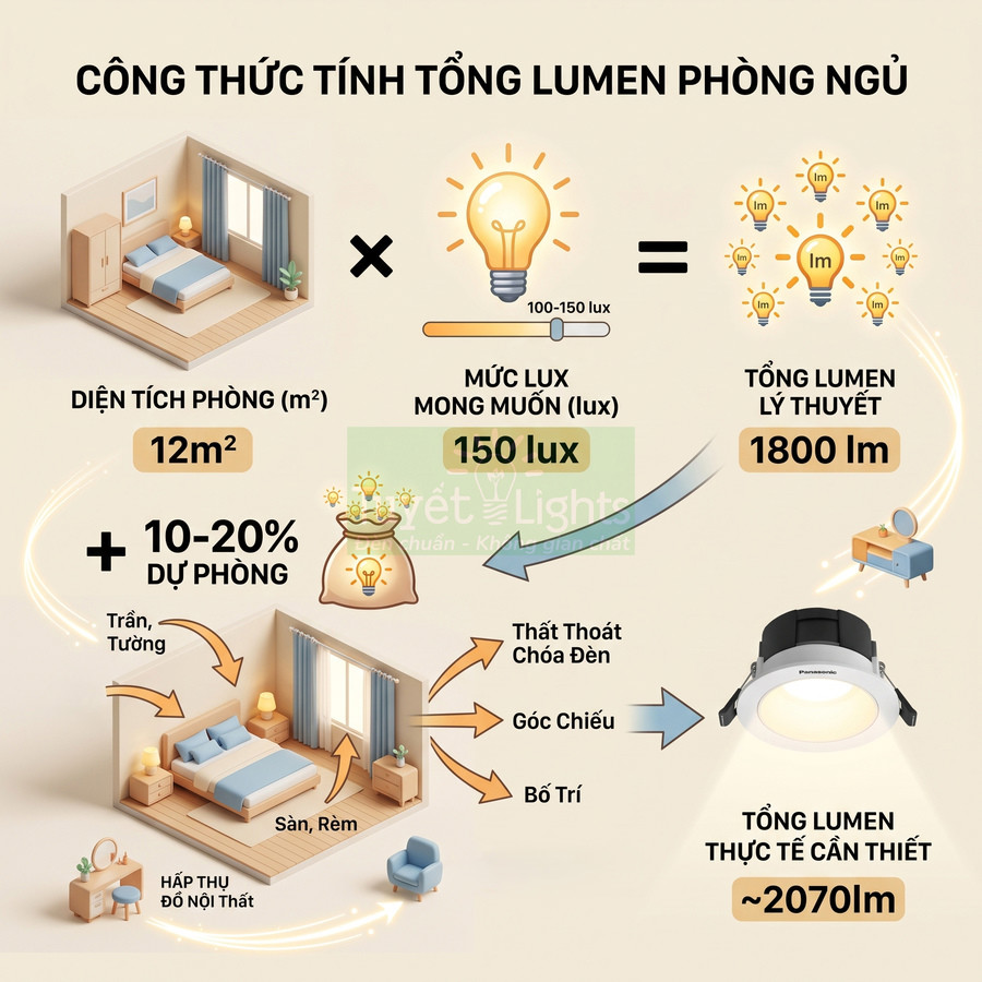 Công thức tính tổng lumen đèn Panasonic cho phòng ngủ 12m2 với mức sáng 150 lux và dự phòng 10 đến 20 phần trăm