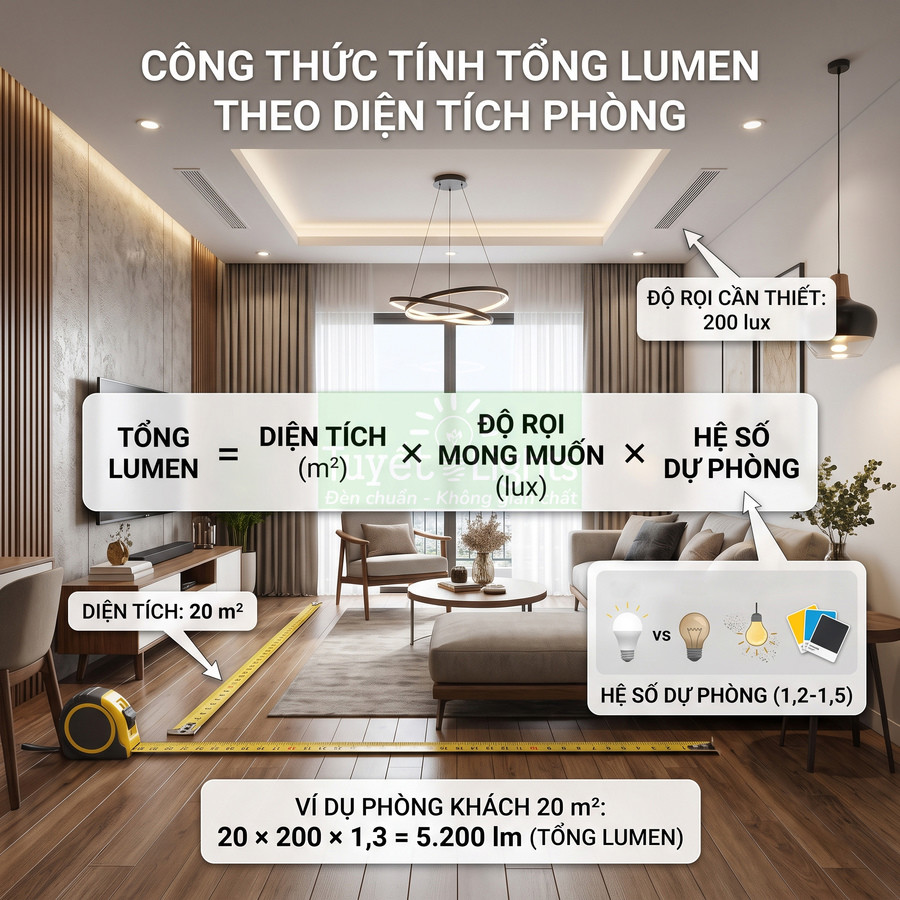 Phòng khách hiện đại với đèn trần LED, thước đo diện tích sàn và công thức tính tổng lumen chiếu sáng