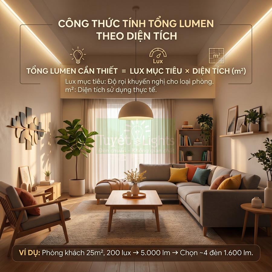 Phòng khách hiện đại với hệ thống đèn Tuyết Lights và hướng dẫn tính tổng lumen theo diện tích
