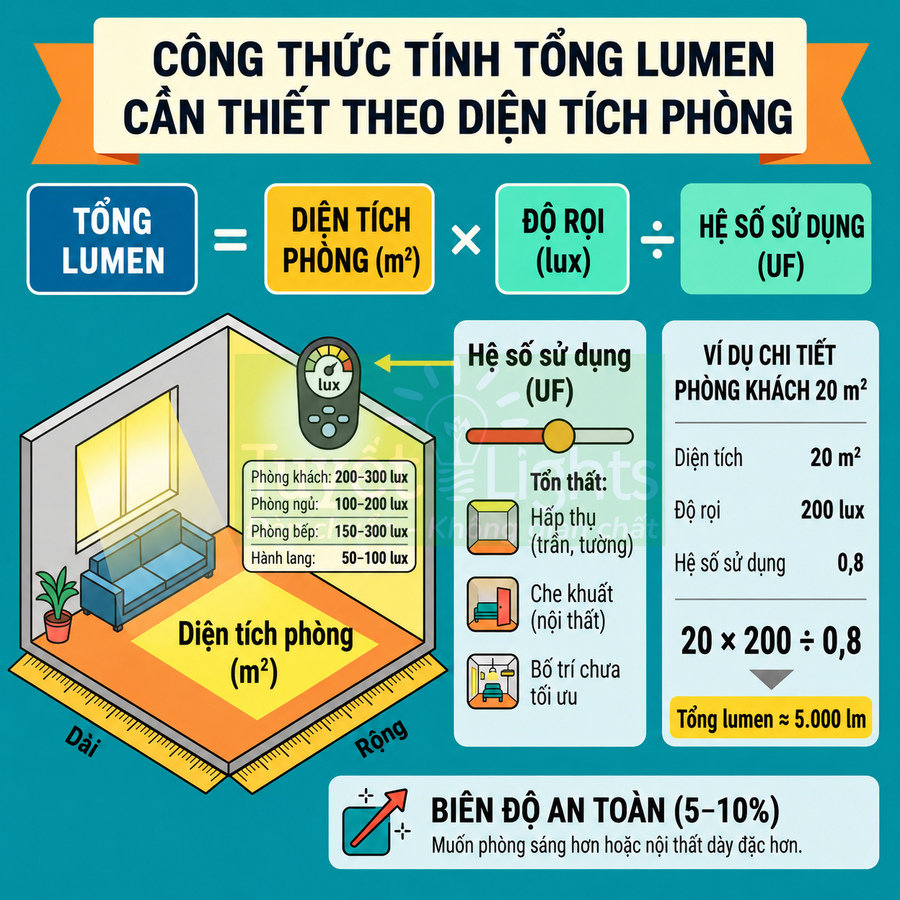 Công thức tính tổng lumen cần thiết theo diện tích phòng với ví dụ phòng khách 20m2