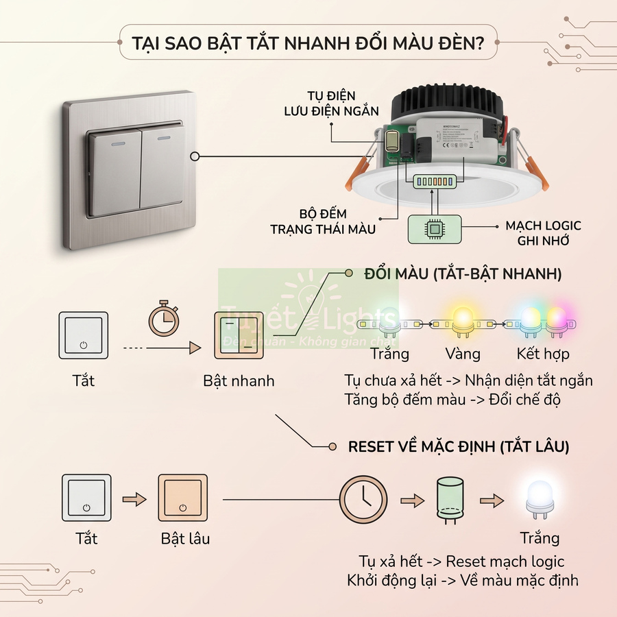 Hướng dẫn bật tắt công tắc nhanh để đổi màu đèn LED âm trần trắng vàng và nhiều màu