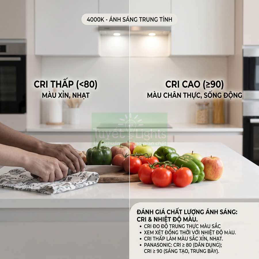 So sánh ánh sáng đèn LED CRI thấp và CRI cao 4000K chiếu lên rau củ trên bàn bếp