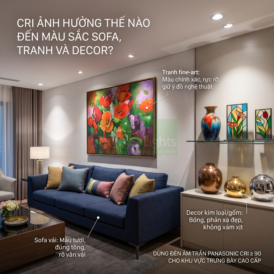 Phòng khách hiện đại với sofa vải xanh đậm, tranh hoa nhiều màu và bộ decor kim loại gốm trên kệ kính