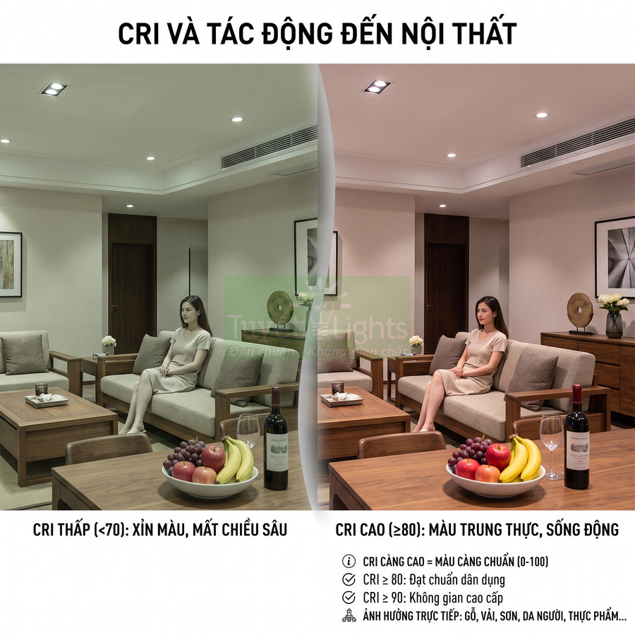 So sánh phòng khách dùng đèn CRI thấp và đèn CRI cao, làm nổi bật màu sắc nội thất và hoa quả