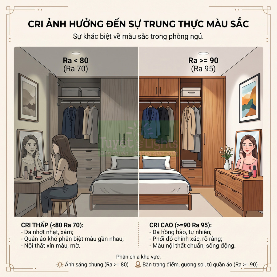 So sánh ánh sáng CRI thấp và CRI cao trong phòng ngủ, làm nổi bật sự khác biệt về màu da và màu nội thất