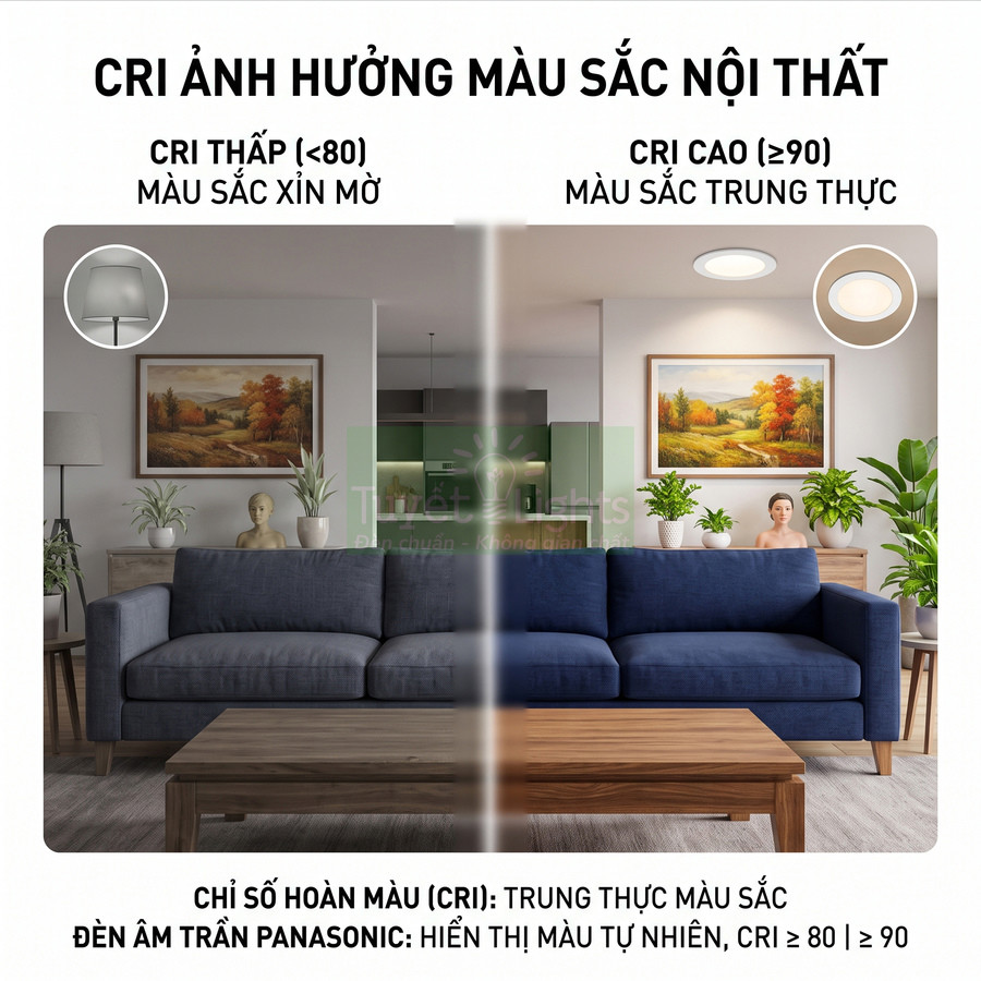 So sánh phòng khách dùng đèn âm trần Panasonic CRI thấp và CRI cao, thể hiện sự khác biệt màu sắc nội thất