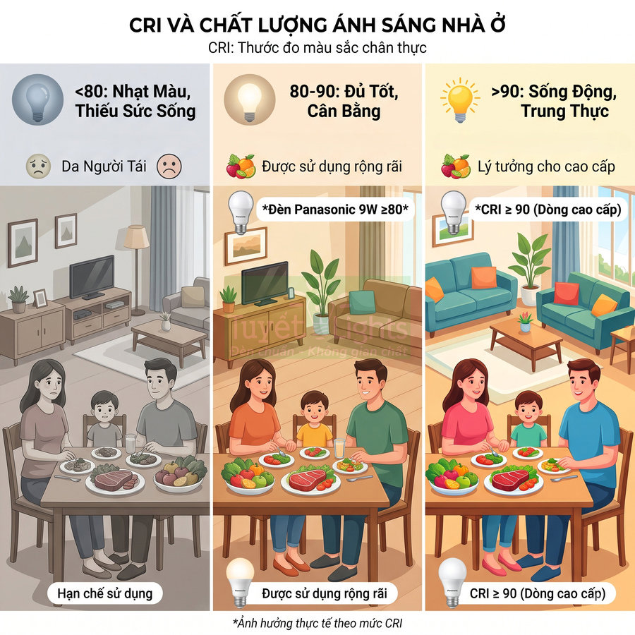 So sánh chất lượng ánh sáng đèn LED Panasonic CRI thấp, trung bình và cao trong phòng khách gia đình