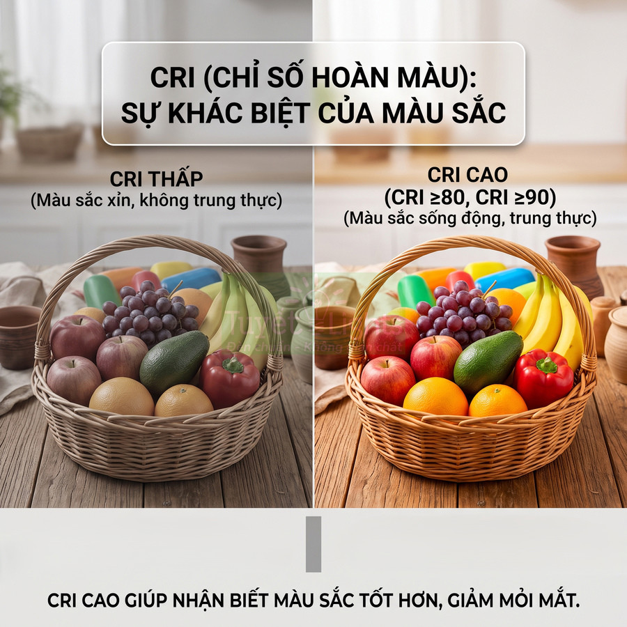 So sánh giỏ trái cây dưới ánh sáng CRI thấp và CRI cao, minh họa độ trung thực và sống động của màu sắc