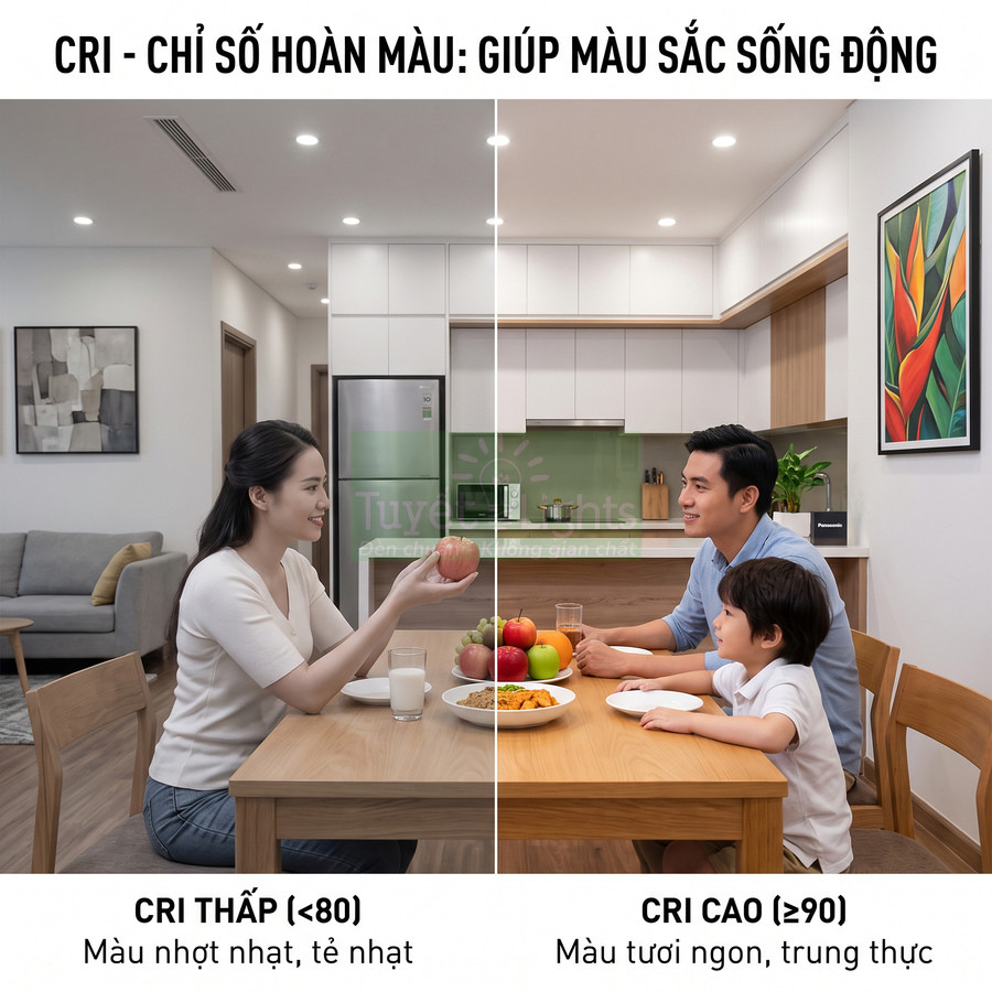 So sánh ánh sáng đèn LED CRI thấp và CRI cao trong phòng bếp, làm nổi bật màu sắc đồ ăn trên bàn