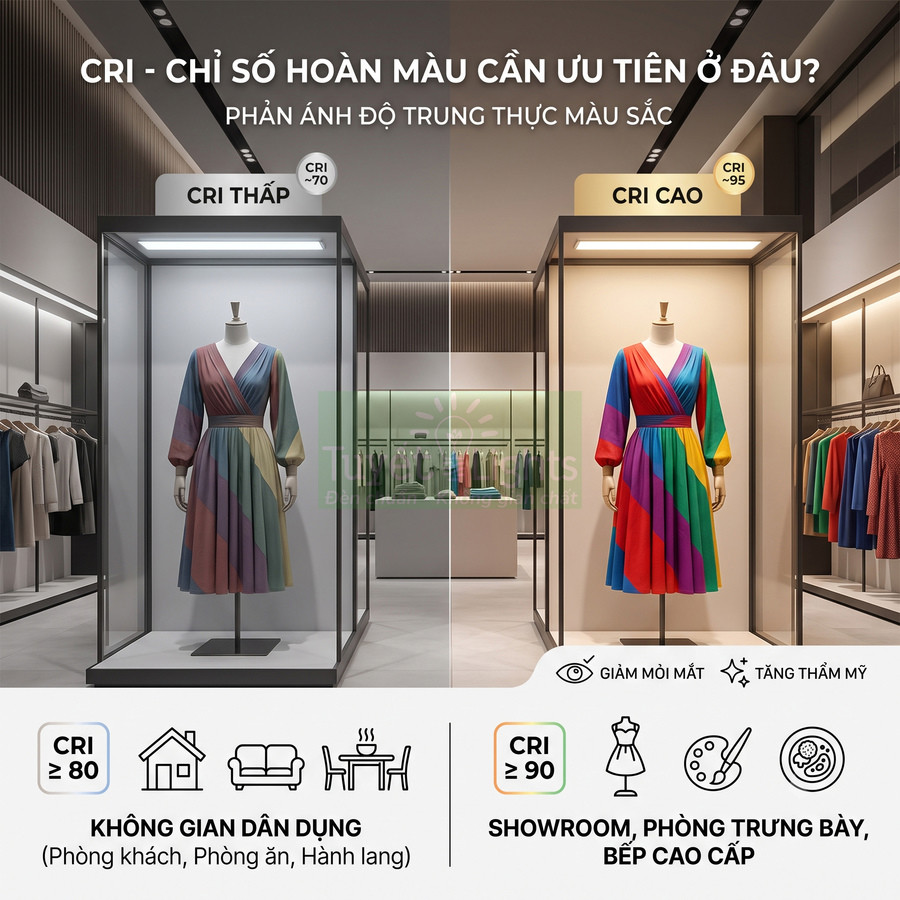 So sánh váy nhiều màu dưới ánh sáng CRI thấp và CRI cao trong showroom thời trang để minh họa độ trung thực màu sắc