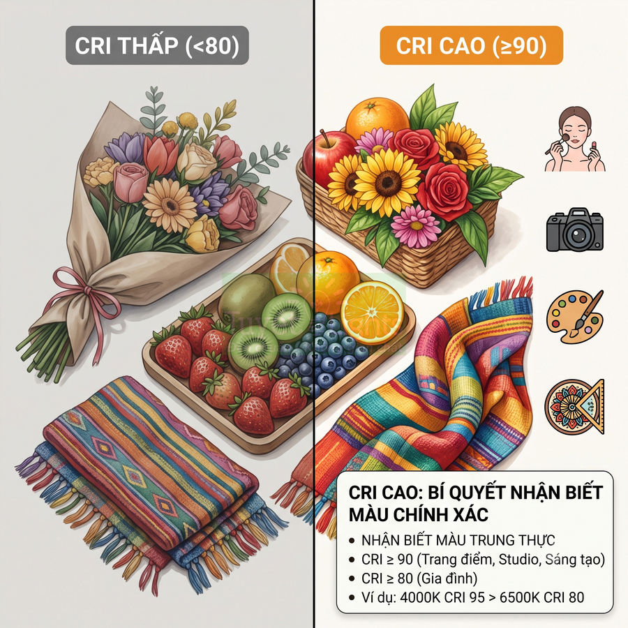 So sánh chất lượng màu hoa quả và khăn vải giữa ánh sáng CRI thấp và CRI cao để nhận biết màu trung thực