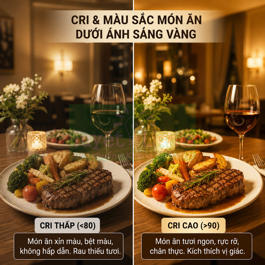 So sánh món bít tết và rau củ dưới ánh sáng vàng CRI thấp và CRI cao trong nhà hàng