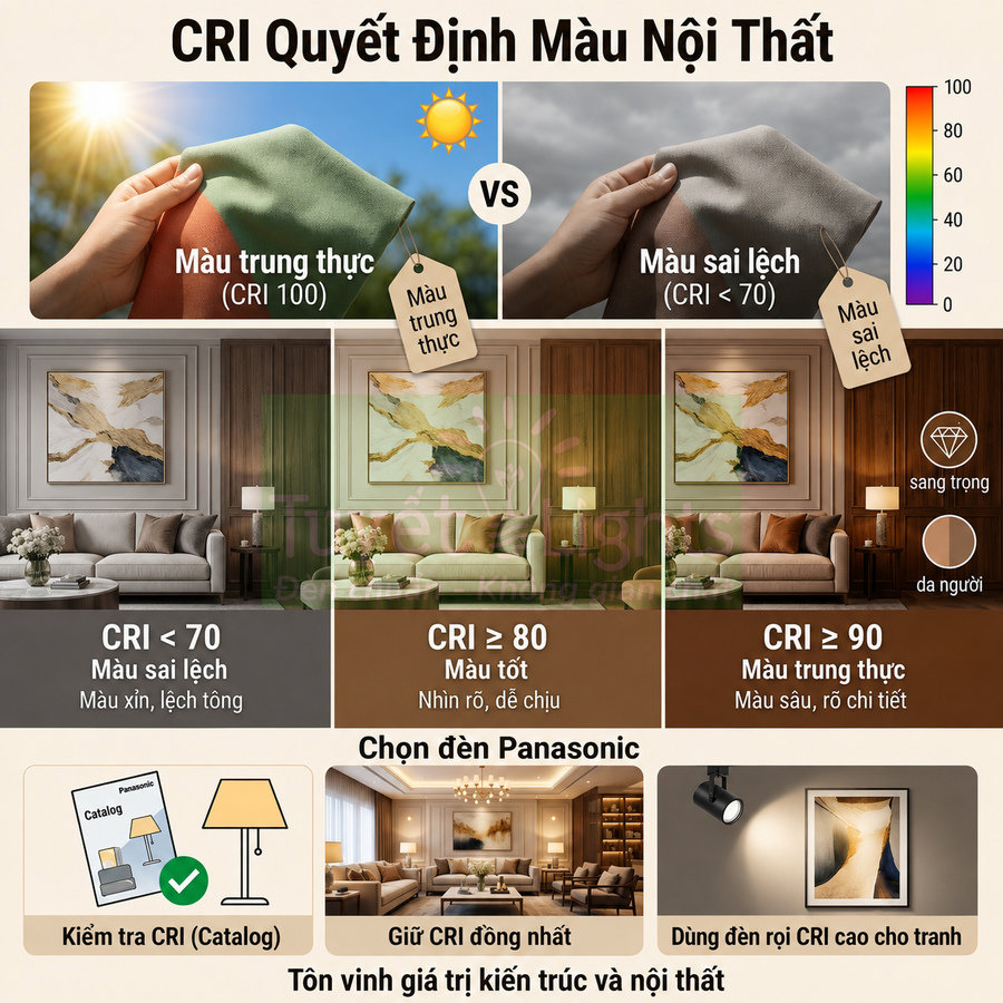 Đèn Panasonic CRI cao cho nội thất, so sánh chất lượng ánh sáng CRI 70, 80 và 90 trong phòng khách