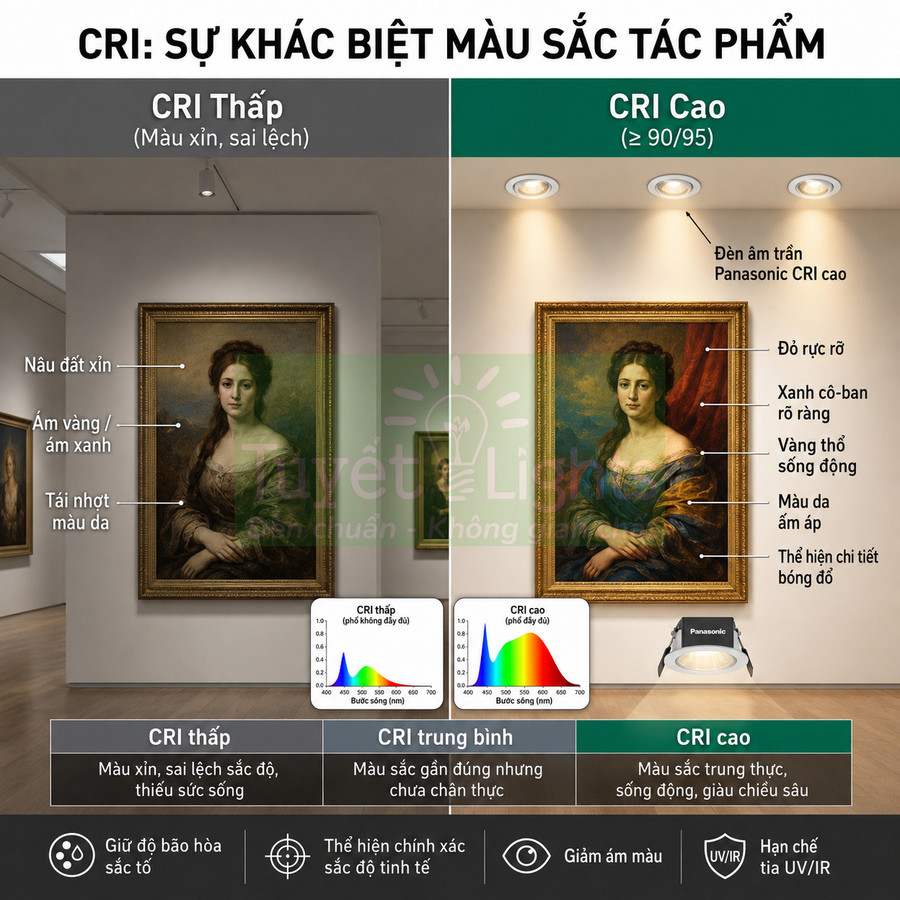 So sánh chất lượng ánh sáng CRI thấp và đèn âm trần Panasonic CRI cao chiếu tranh nghệ thuật