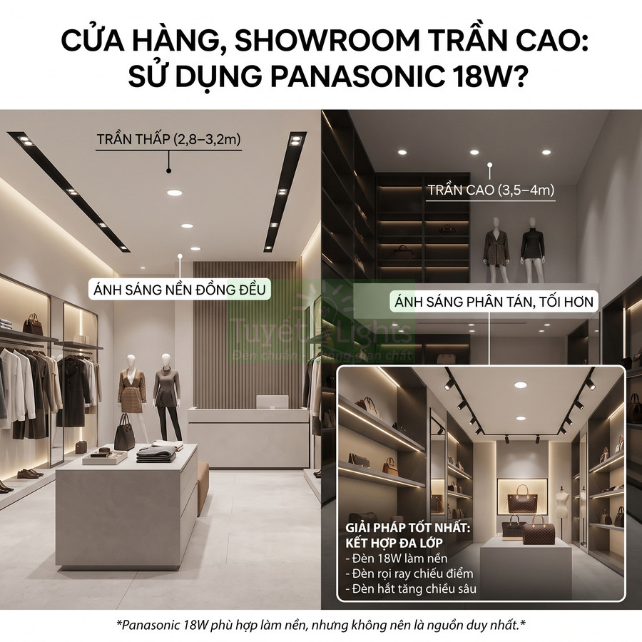 Đèn âm trần Panasonic 18W chiếu sáng showroom thời trang trần cao với ánh sáng nền và đèn rọi ray