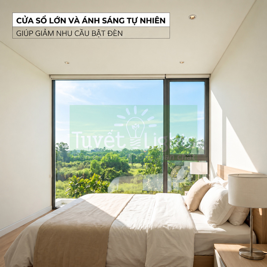 Phòng ngủ hiện đại với cửa sổ kính lớn đón ánh sáng tự nhiên và tầm nhìn ra không gian xanh
