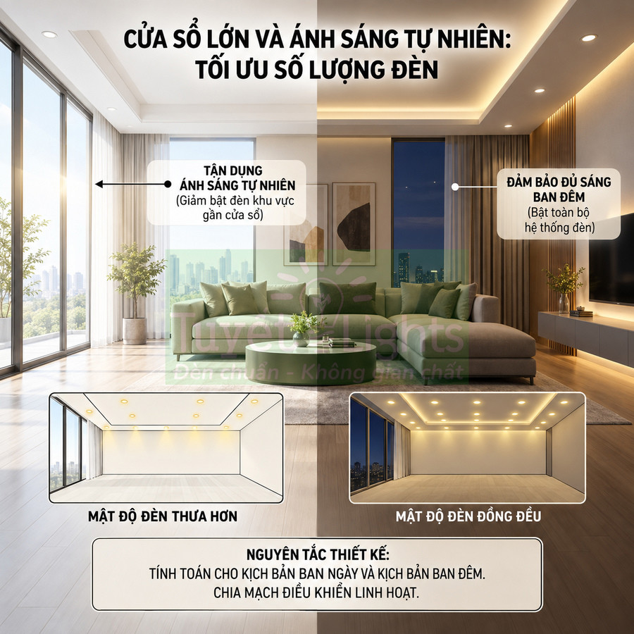 Phòng khách hiện đại với cửa kính lớn và hệ thống đèn trần LED tối ưu ánh sáng ngày đêm