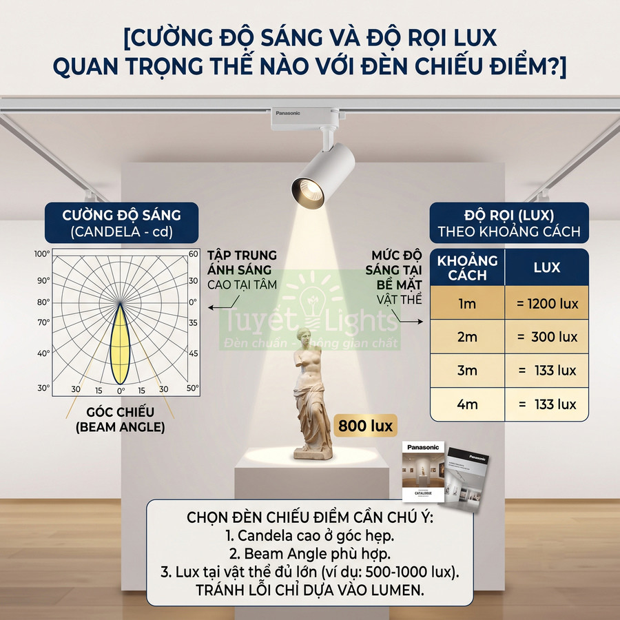 Đèn chiếu điểm Panasonic rọi sáng tượng trưng bày trong phòng trưng bày, minh họa cường độ sáng và độ rọi lux