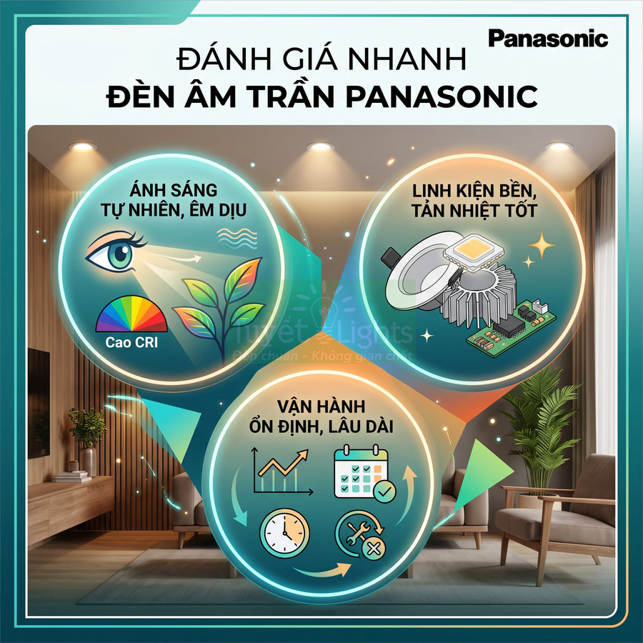 Đánh giá nhanh đèn âm trần Panasonic với ánh sáng tự nhiên, linh kiện tản nhiệt tốt, vận hành ổn định lâu dài