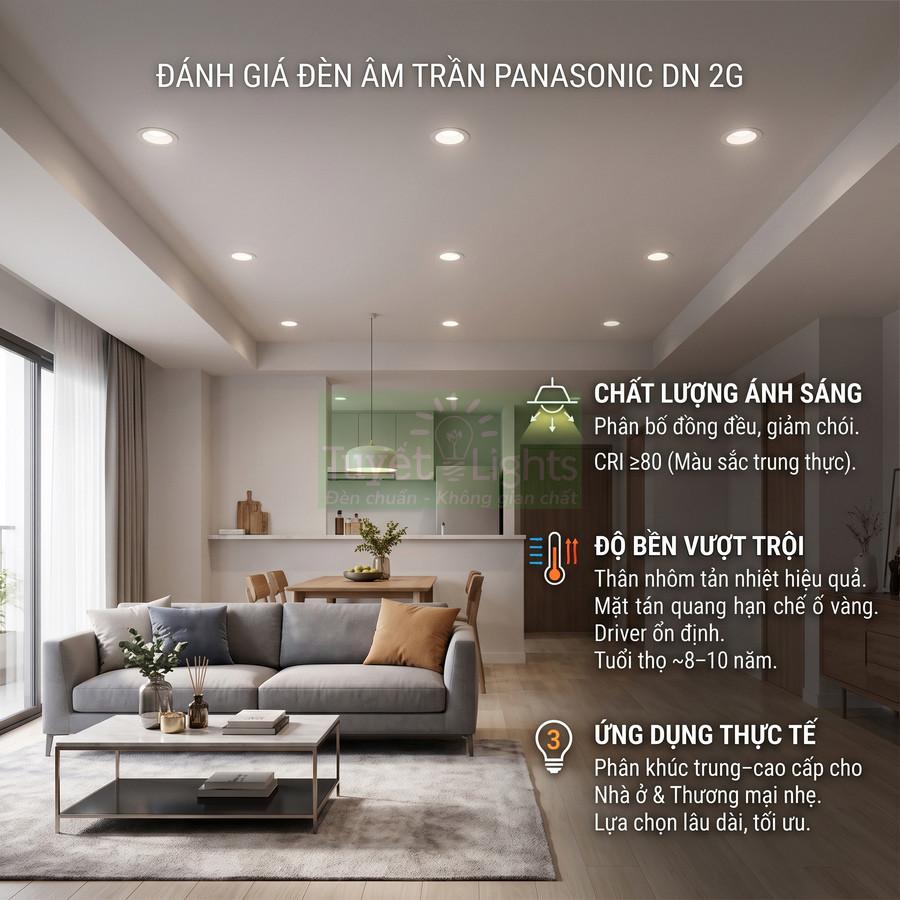 Đèn âm trần Panasonic DN 2G chiếu sáng phòng khách hiện đại với ánh sáng đồng đều, giảm chói