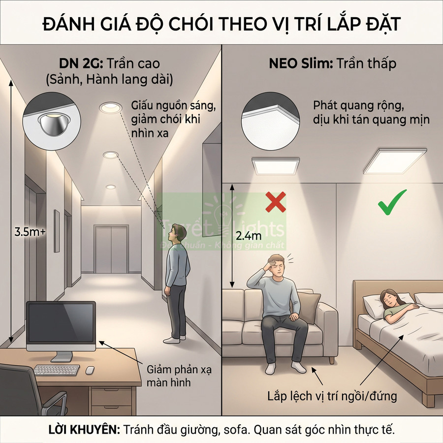 Đèn âm trần DN 2G và đèn ốp trần NEO Slim lắp cho trần cao hành lang và trần thấp phòng ngủ, phòng khách