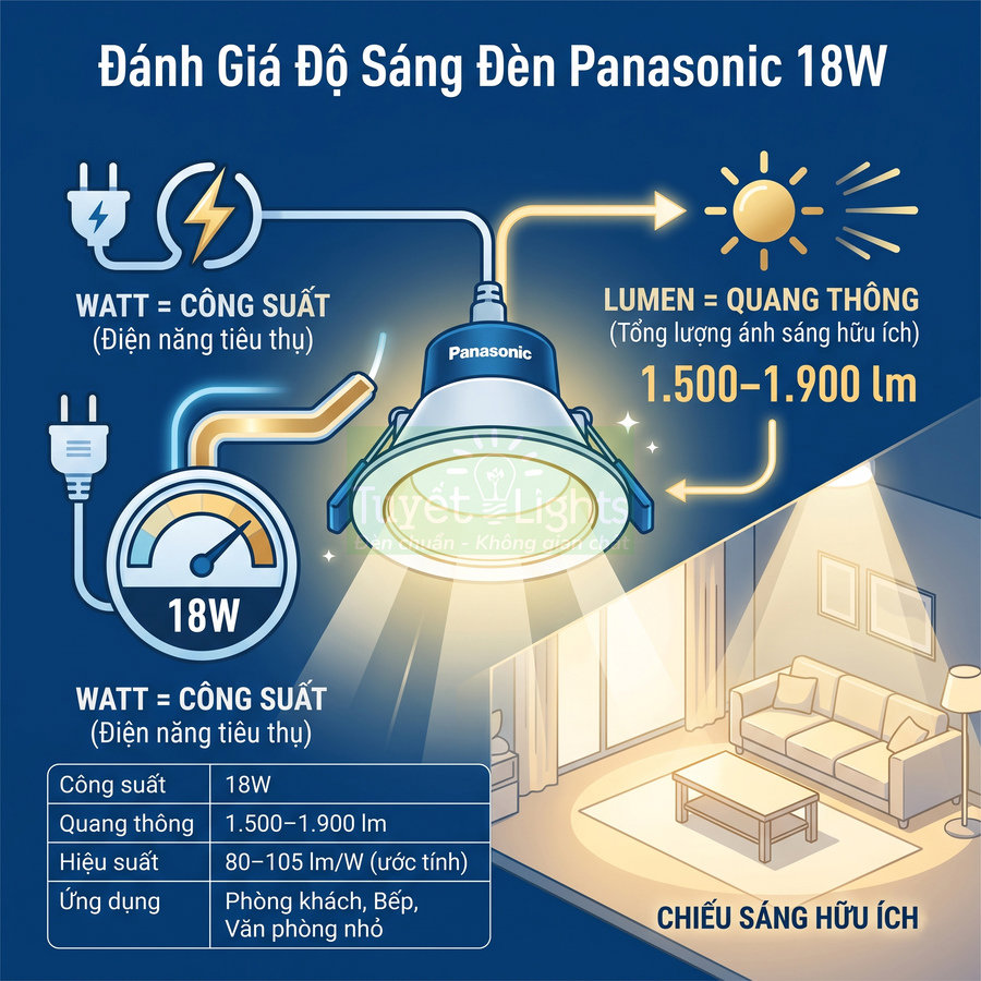 Đèn LED âm trần Panasonic 18W quang thông 1500 1900 lumen chiếu sáng phòng khách