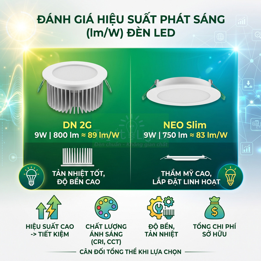 So sánh hiệu suất phát sáng đèn LED âm trần DN 2G và NEO Slim 9W cùng ưu điểm tản nhiệt, thẩm mỹ, tiết kiệm chi phí