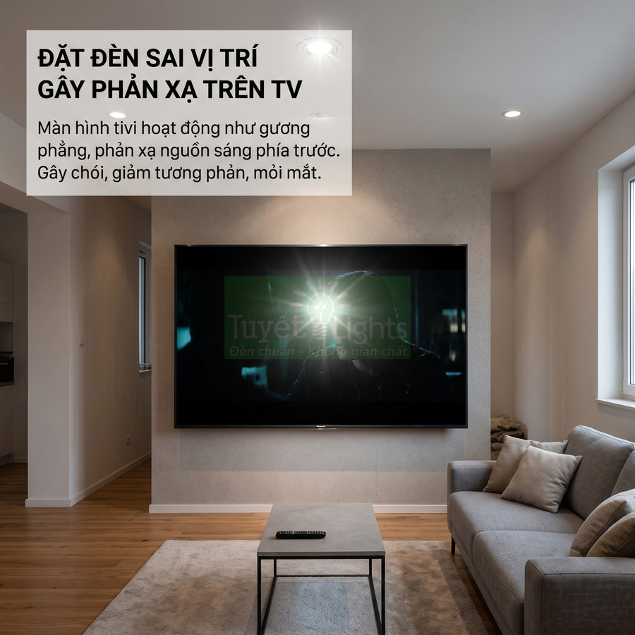 Phòng khách với tivi treo tường bị chói do đèn trần chiếu trực tiếp lên màn hình TV