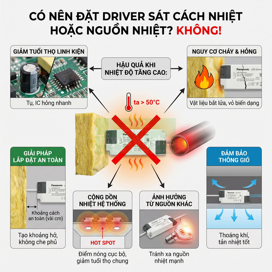 Hướng dẫn lắp đặt driver LED Panasonic tránh gần vật liệu cách nhiệt và nguồn nhiệt để giảm cháy nổ, tăng tuổi thọ