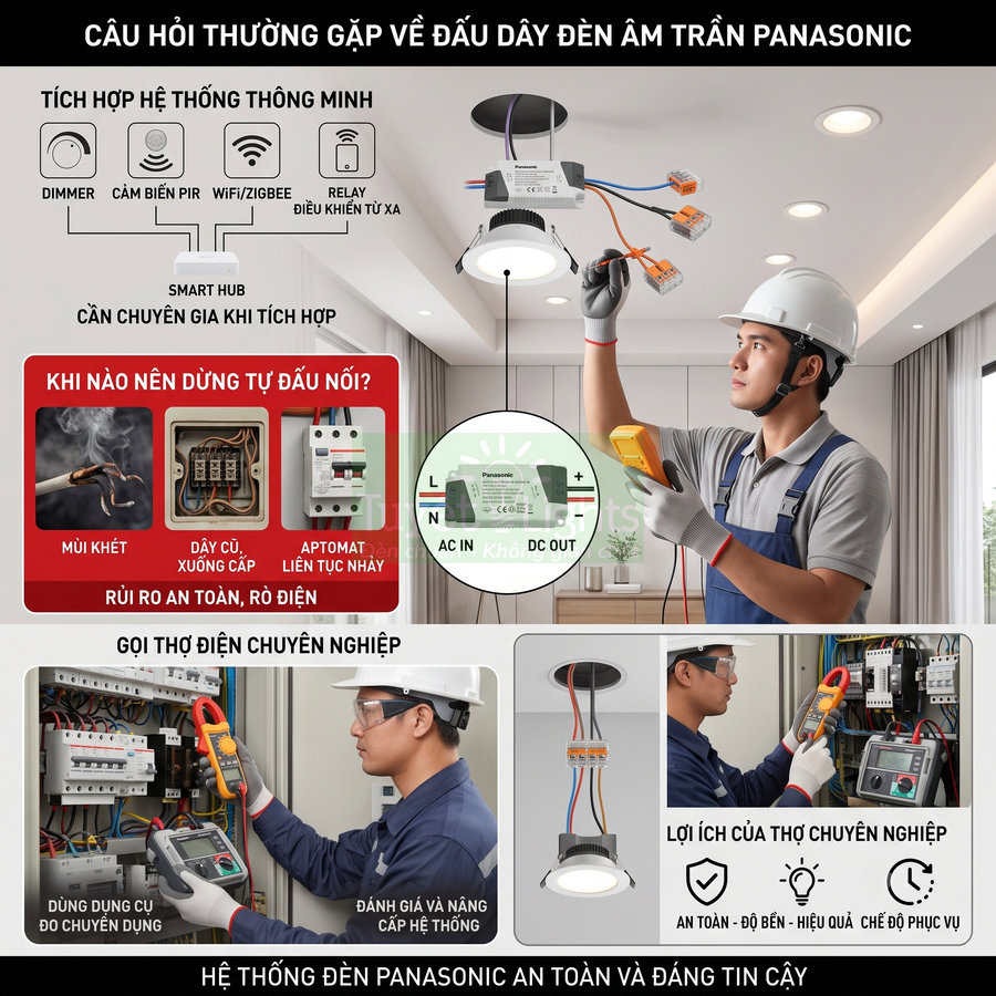 Thợ điện lắp đặt và kiểm tra hệ thống đèn âm trần Panasonic với đầu nối dây an toàn trong nhà