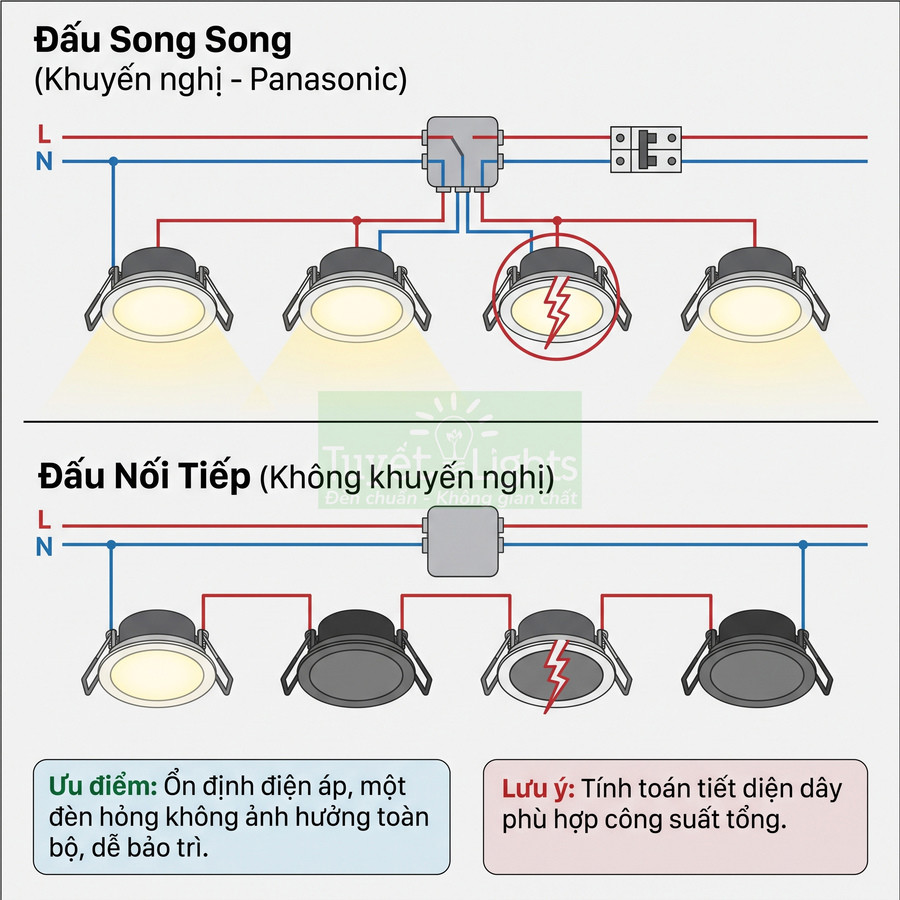 Sơ đồ đấu dây đèn âm trần Panasonic kiểu song song và nối tiếp, minh họa ưu nhược điểm từng cách lắp đặt