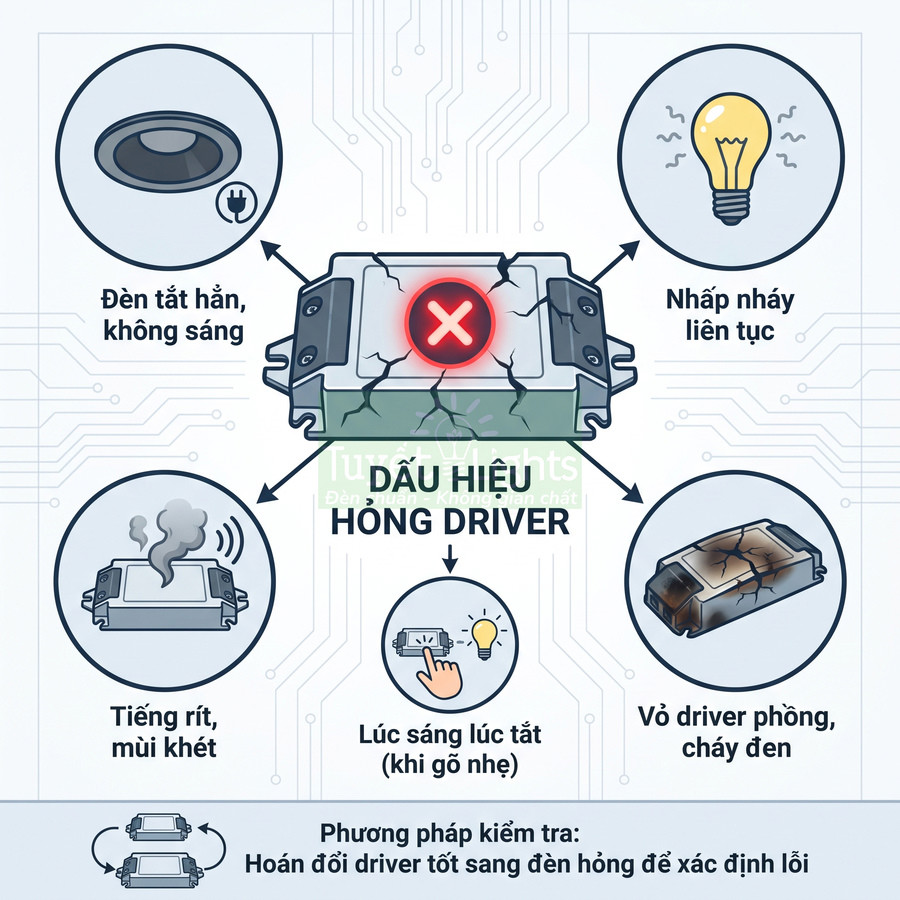 Các dấu hiệu hỏng driver đèn LED như nhấp nháy, tắt hẳn, lúc sáng lúc tắt, vỏ phồng cháy đen