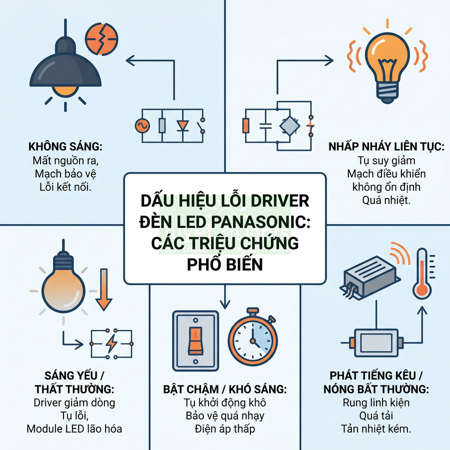 Dấu hiệu lỗi driver đèn LED Panasonic với các triệu chứng phổ biến như không sáng, nhấp nháy, sáng yếu