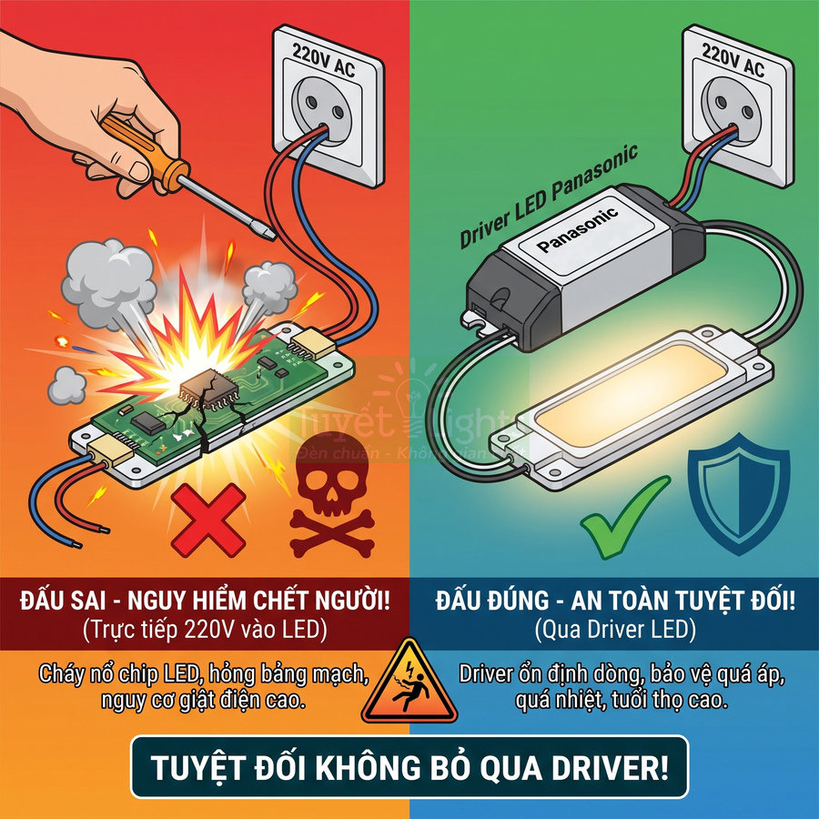 So sánh đấu nối chip LED trực tiếp 220V gây nổ với đấu qua driver LED Panasonic an toàn