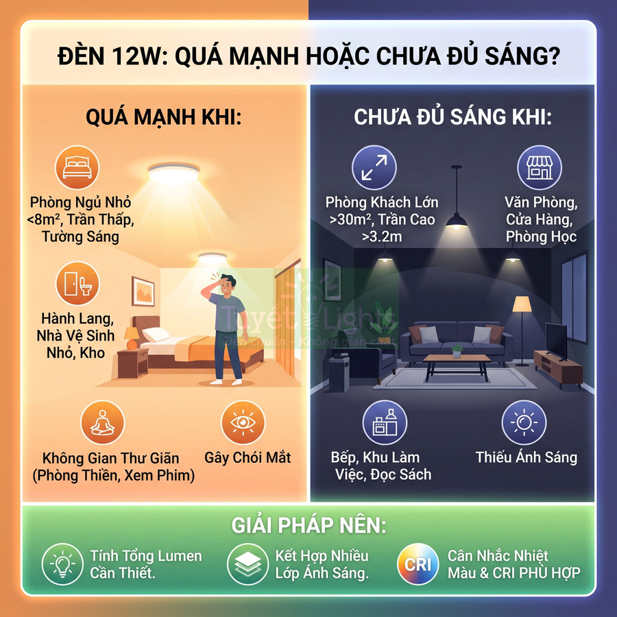 Infographic so sánh đèn LED 12W quá sáng hoặc thiếu sáng cho phòng ngủ, phòng khách, văn phòng và gợi ý giải pháp chiếu sáng