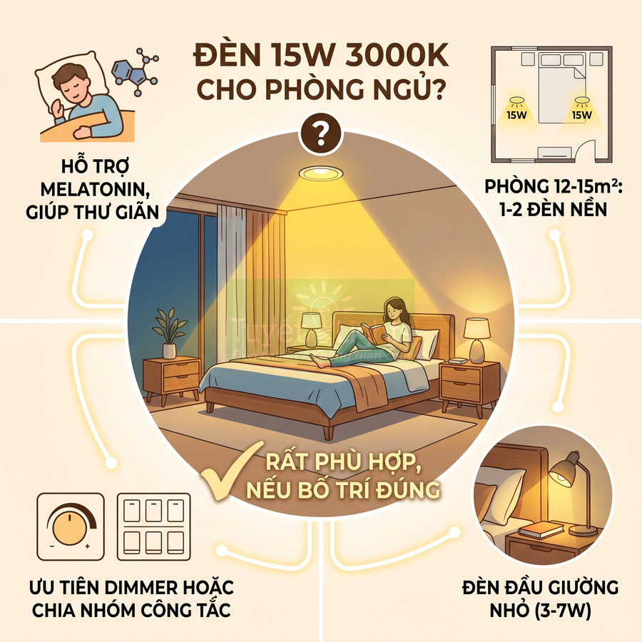 Minh họa bố trí đèn LED 15W 3000K và đèn đầu giường nhỏ cho phòng ngủ giúp thư giãn, đọc sách