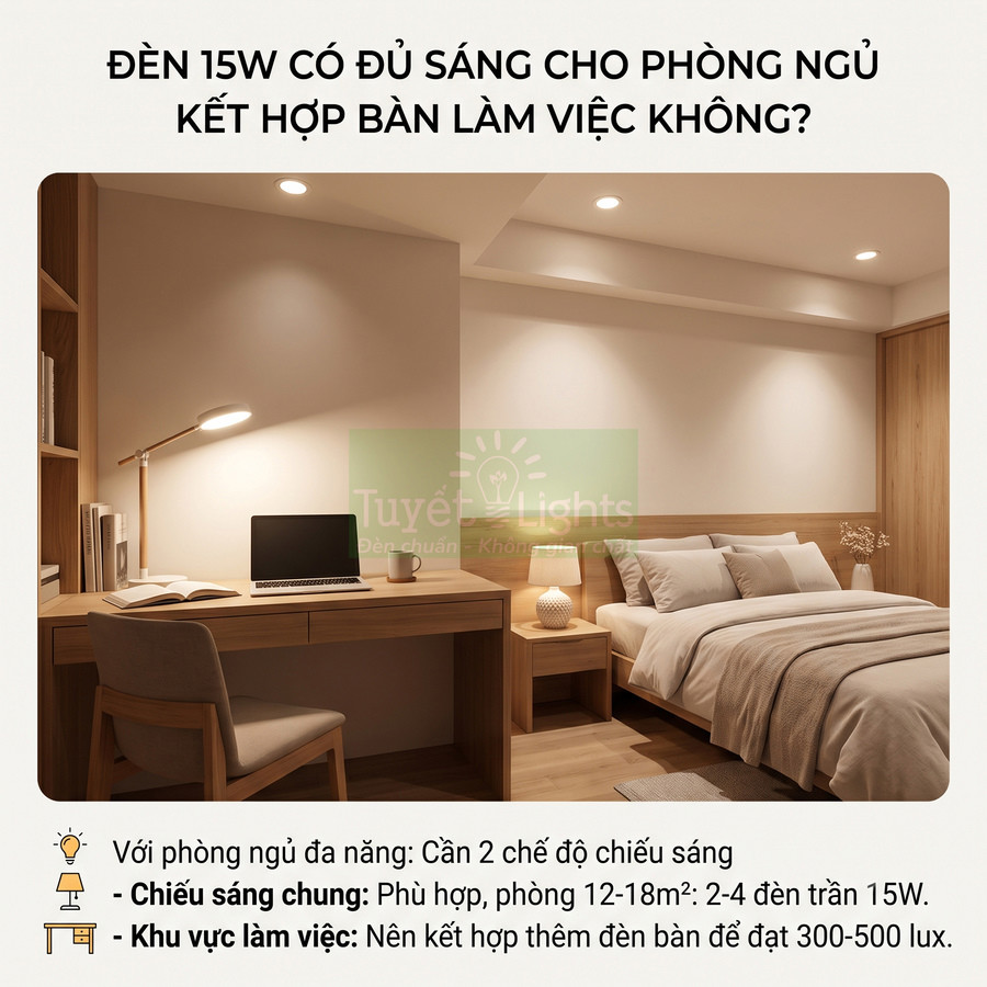 Phòng ngủ gỗ tối giản với bàn làm việc, laptop và đèn bàn kết hợp đèn trần LED 15W ánh sáng ấm