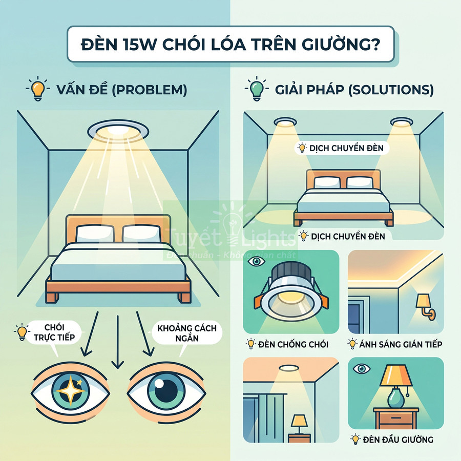 Infographic đèn 15W chói lóa trên giường và các giải pháp dịch chuyển đèn, dùng đèn chống chói, ánh sáng gián tiếp, đèn đầu giường