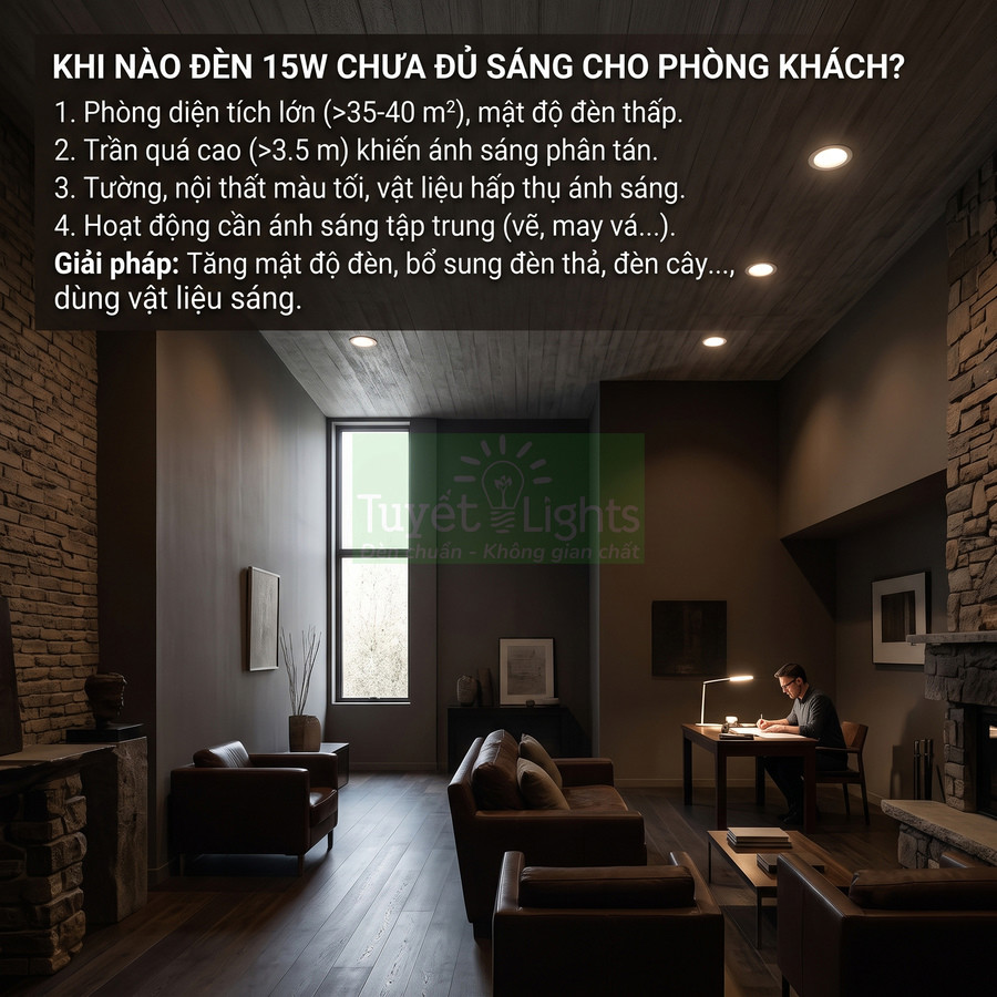 Phòng khách tối với trần cao dùng đèn LED âm trần 15W và đèn bàn, gợi ý tăng số lượng đèn để đủ sáng