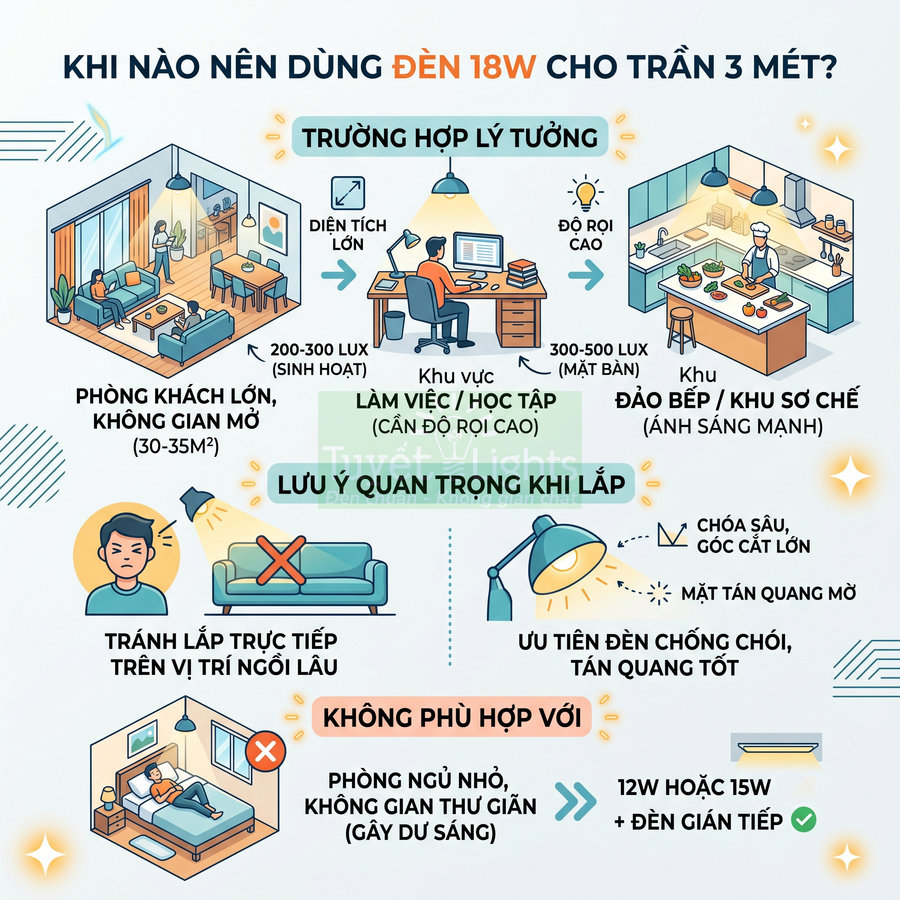 Hướng dẫn chọn đèn trần 18W cho trần cao 3m, minh họa phòng khách, bàn làm việc, bếp và lưu ý lắp đặt