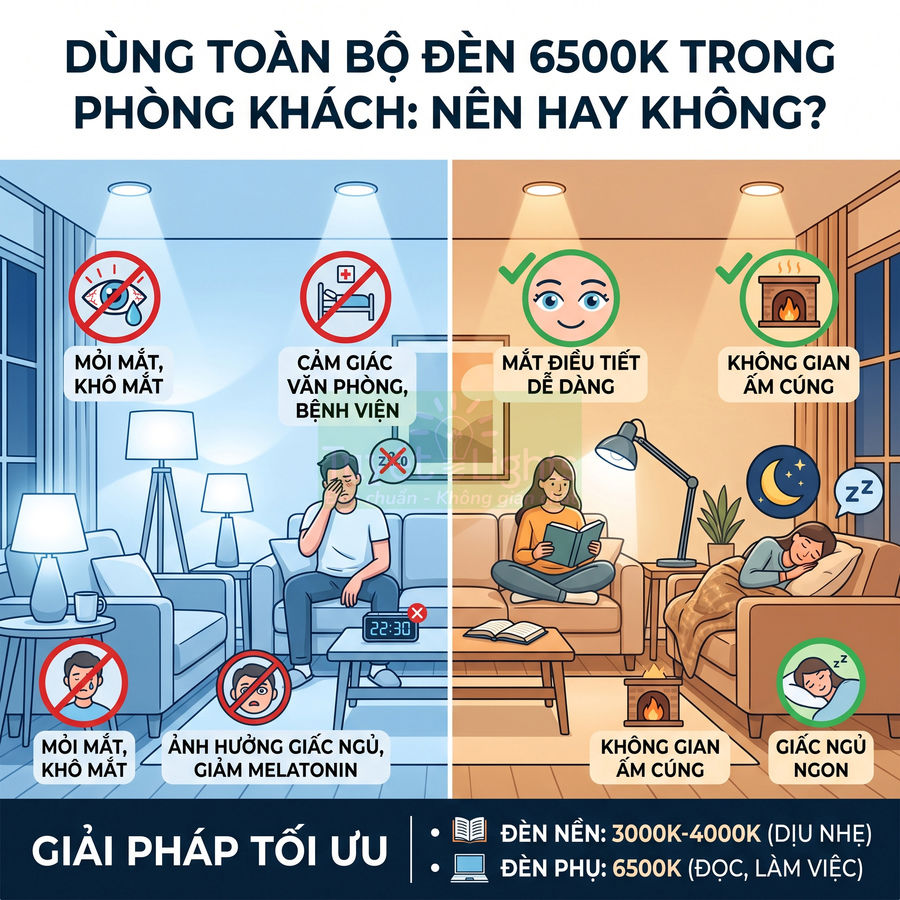 So sánh phòng khách dùng toàn bộ đèn 6500K với đèn vàng ấm, minh họa ảnh hưởng đến mắt và giấc ngủ