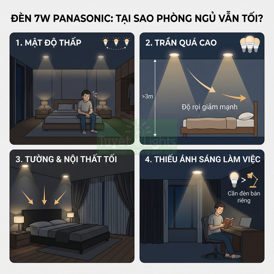 Minh họa lý do đèn 7W Panasonic khiến phòng ngủ vẫn tối và gợi ý bổ sung đèn bàn, cải thiện bố trí ánh sáng