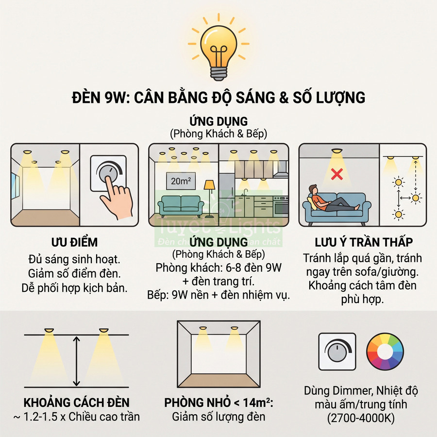 Hướng dẫn sử dụng đèn LED 9W cho phòng khách và bếp, cách bố trí số lượng đèn, khoảng cách và nhiệt độ màu phù hợp