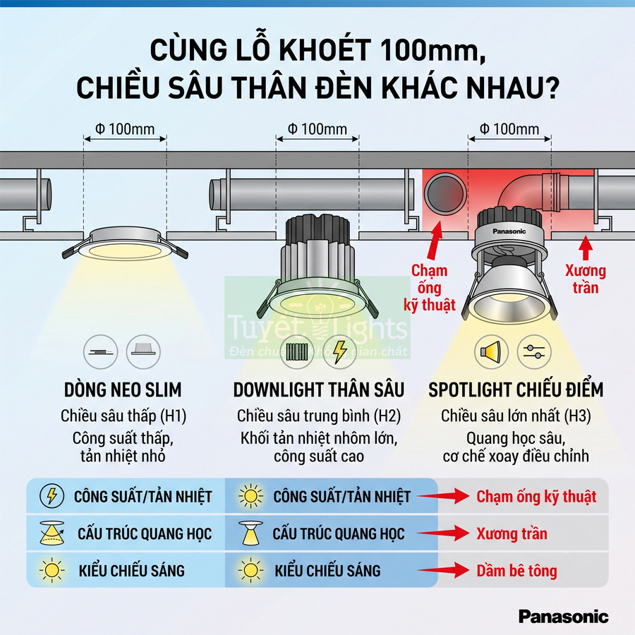 So sánh đèn âm trần Panasonic Neo Slim, downlight thân sâu và spotlight chiếu điểm cùng lỗ khoét 100mm