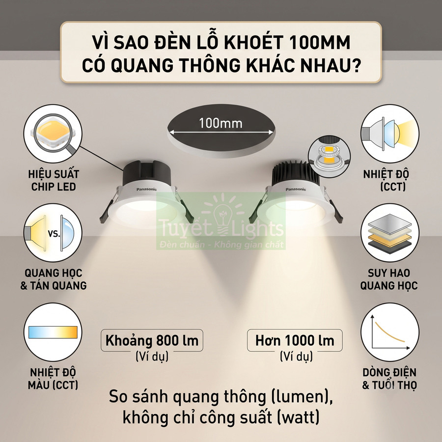 Đèn downlight âm trần Panasonic lỗ khoét 100mm so sánh quang thông lumen và các yếu tố ảnh hưởng