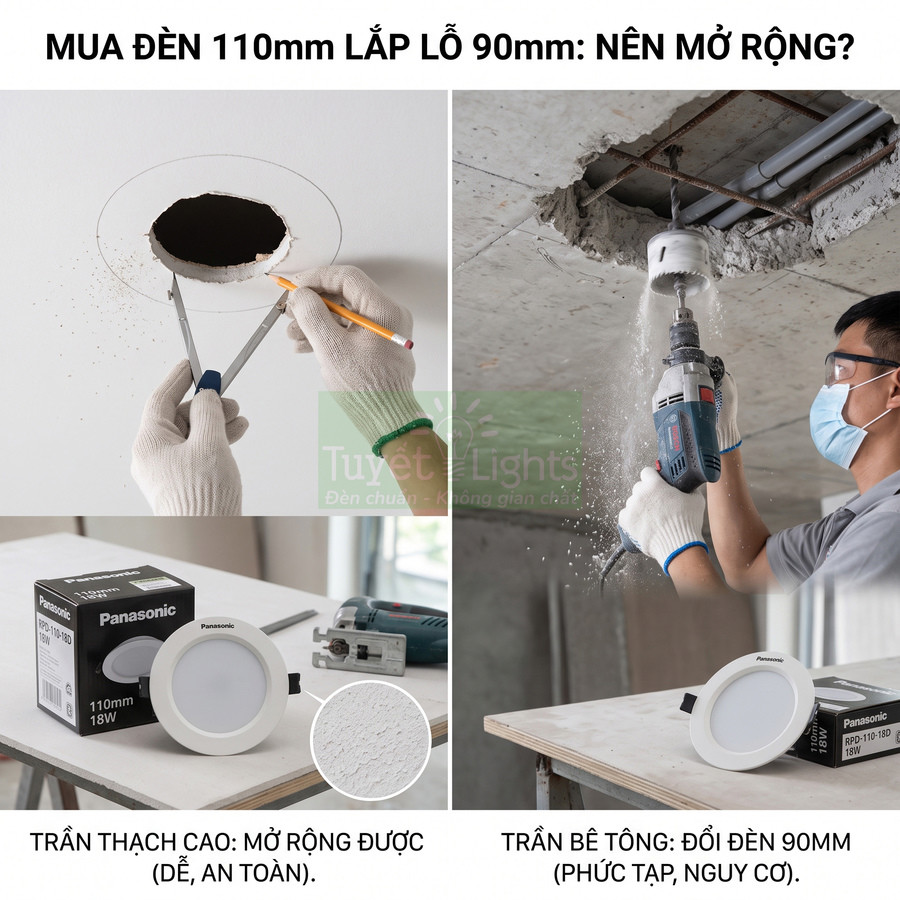 Đèn âm trần Panasonic 110mm lắp đặt trên trần thạch cao và trần bê tông, so sánh cách mở rộng lỗ