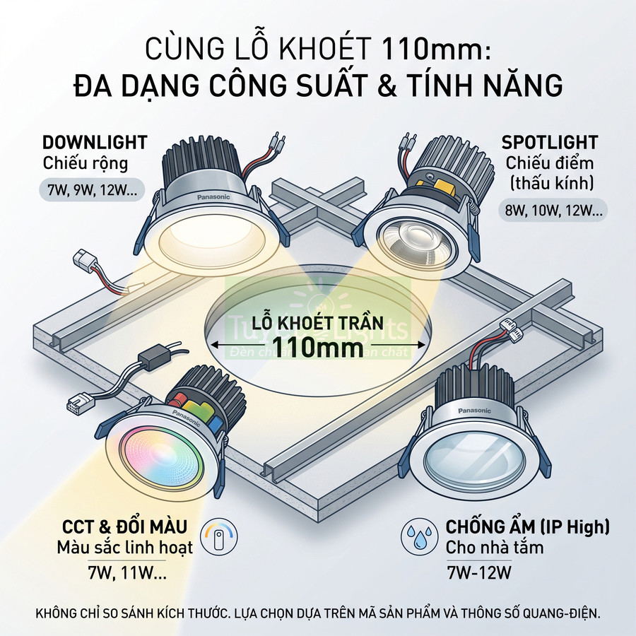 Đèn âm trần Panasonic lỗ khoét 110mm nhiều loại downlight spotlight đổi màu và chống ẩm cho nhà tắm