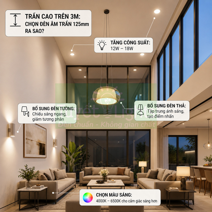 Phòng khách trần cao sử dụng đèn âm trần 125mm, đèn tường và đèn thả hiện đại chiếu sáng không gian sang trọng
